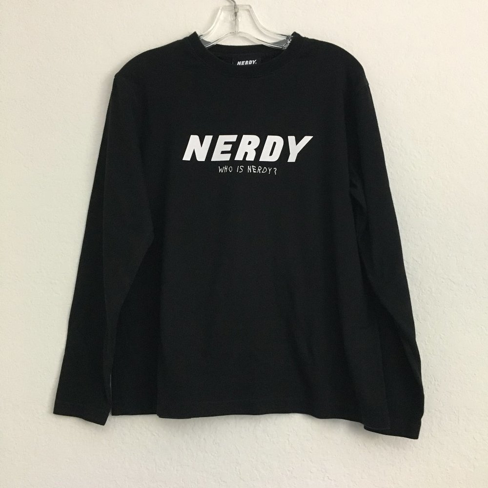 Y2K Korean Fashion Who Is Nerdy? Graphic Mens Small Black T Shirt Long Sleeve